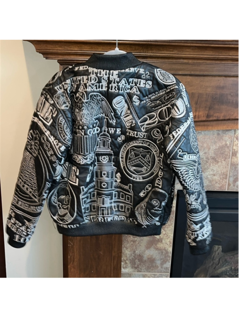 black leather lined bomber jacket embroidered money hiphop street big kids 2XL - Picture 15 of 16